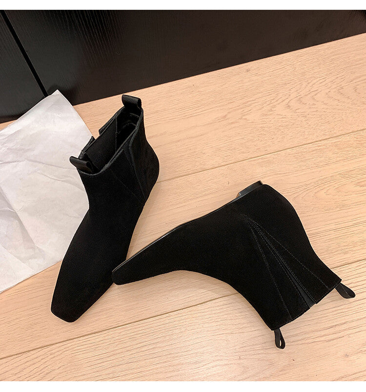 Karin Luna Classic Style Internal Height Increase Cowhide Leather Small Square Toe Short Fashion Boots