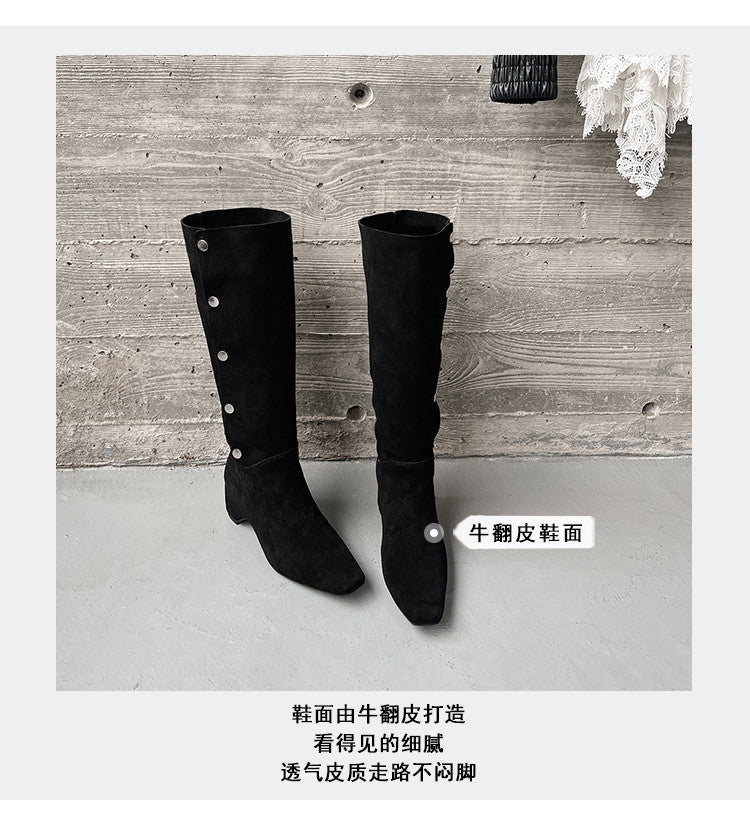 Karin Luna Bestseller Hot-Selling Hidden Buckle Lazy Style Square-Toe Height-Increasing Suede Western Boots