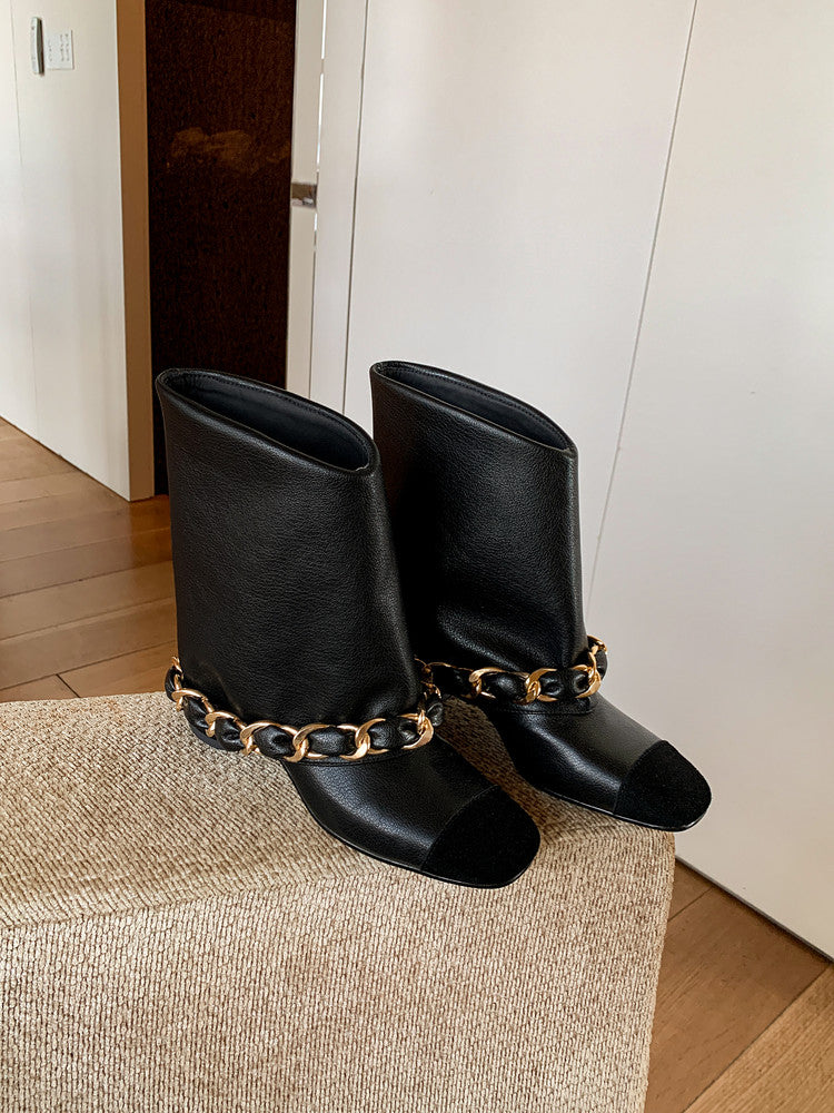 Karin Luna Classic Style Xiangjia Style Chunky Heel Chain Ankle Boots