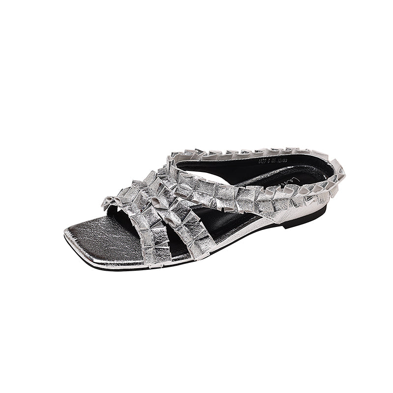 Karin Luna In Stock   Spot Goods  Niche Design Square-Toed Pleated Flat Slippers