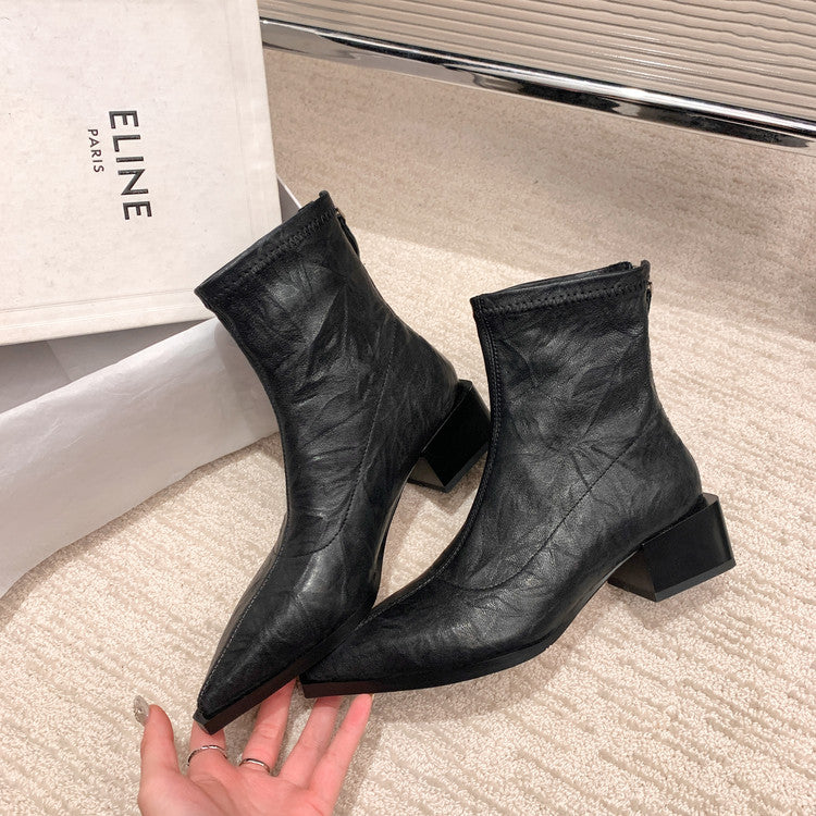 Karin Luna Elegant Style Pointed Toe Chunky Heel Short Boots
