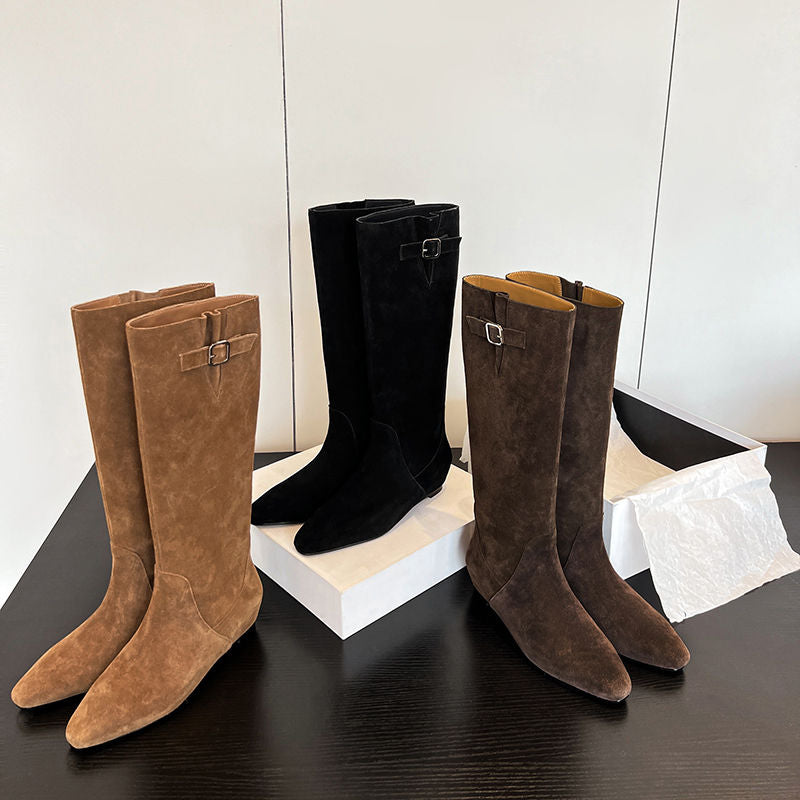 Karin Luna In Stock Spot Goods Vintage Cowhide Leather Chunky Heel Height Increasing Long Boots
