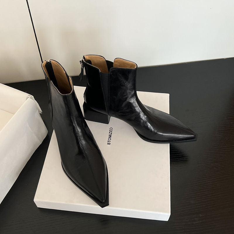 Karin Luna In Stock Spot Goods Elegant Stretch Fabric Patchwork Pointed Toe Chunky Heel Short Boots