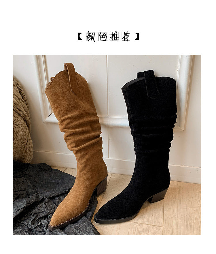 Karin Luna Elegant Style  Pointed Toe Wrinkled Wide Western Boots