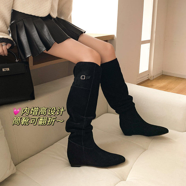 Karin Luna In Stock Spot Goods Vintage Cowhide Leather Two-Way Wear Pointed Toe Height-Increasing Long Boots
