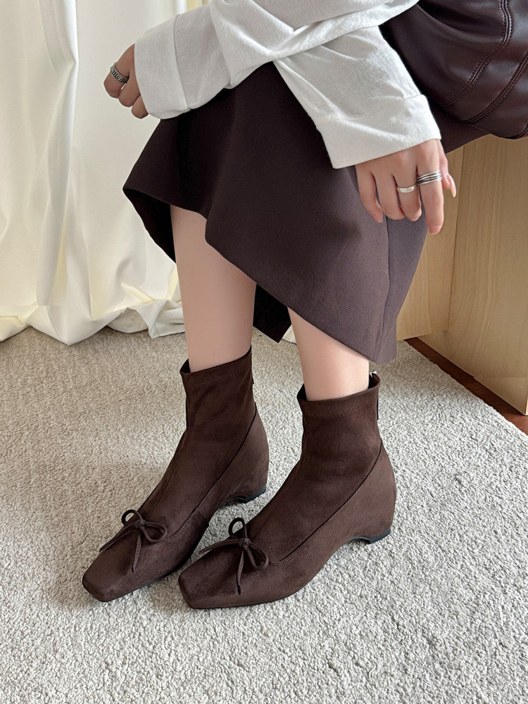 Karin Luna French Style Square Toe Bowknot Hidden Wedge Slim Boots