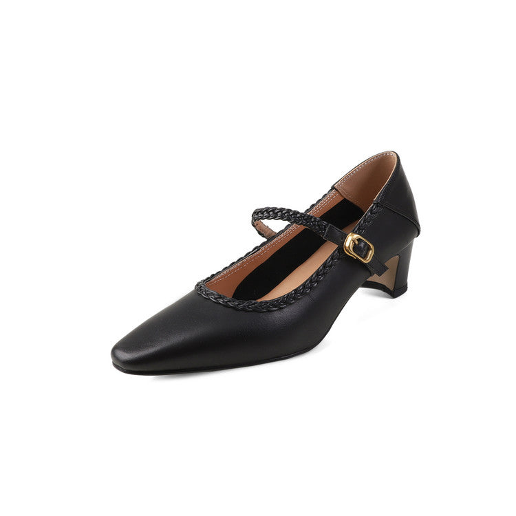 Karin Luna Braided Element Design Chunky Heel Square Toe Single Strap Shoes