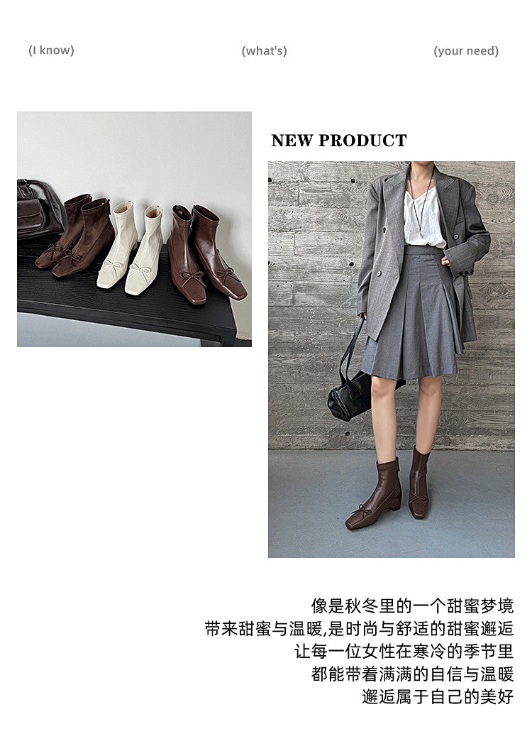 Karin Luna French Style Square Toe Bowknot Hidden Wedge Slim Boots