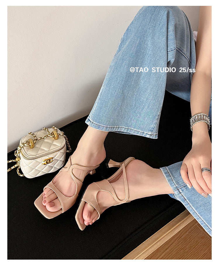 Karin Luna French Retro Square Toe Wrap Strap Open-Toe Slippers