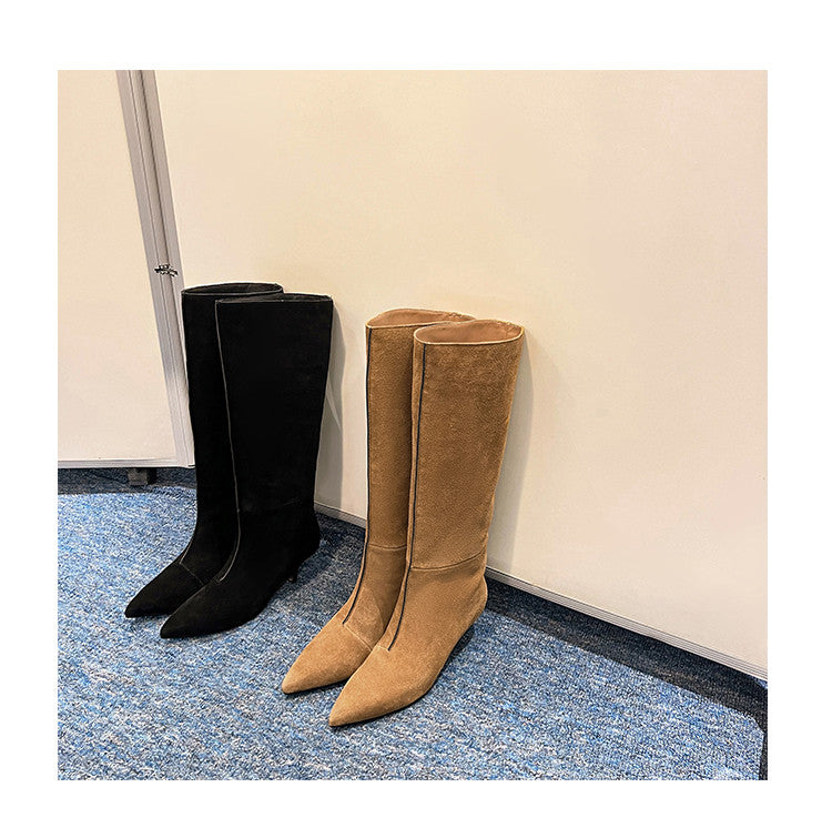 Karin Luna In Stock Spot Goods Retro Cowhide Pointed Toe Stiletto Elegant Long Boots