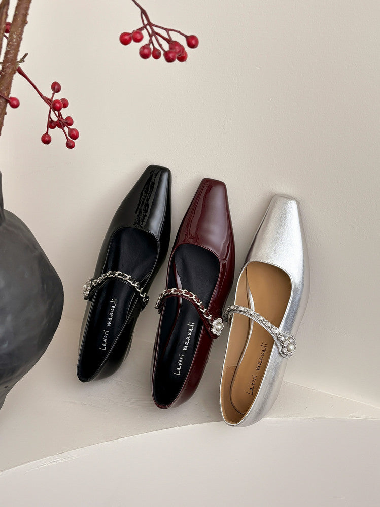 Karin Luna In Stock In Stock ~Metal One-Strap Pearl Small Square Toe Height-Increasing Flats