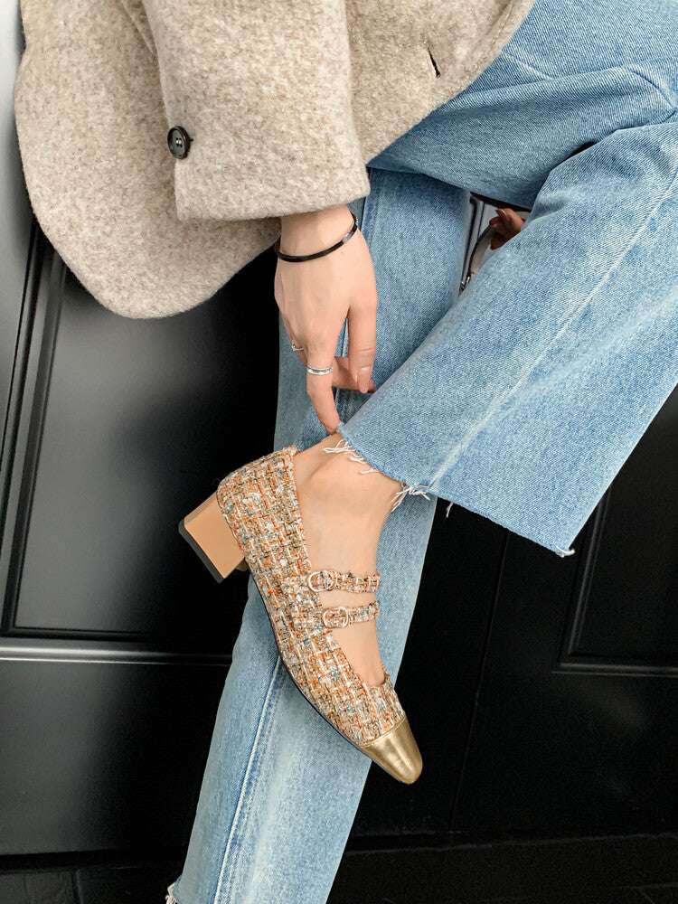 Karin Luna Classic Chanel Style~ Tweed Spring Limit Square Toe Chunky Heel Mary Jane Strap Single Shoes