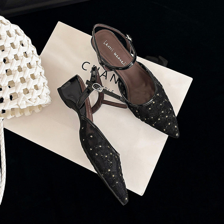 Karin Luna In Stock Spot Goods Embroidered Daisy Sheepskin Mesh Elegant Closed-Toe Slippers