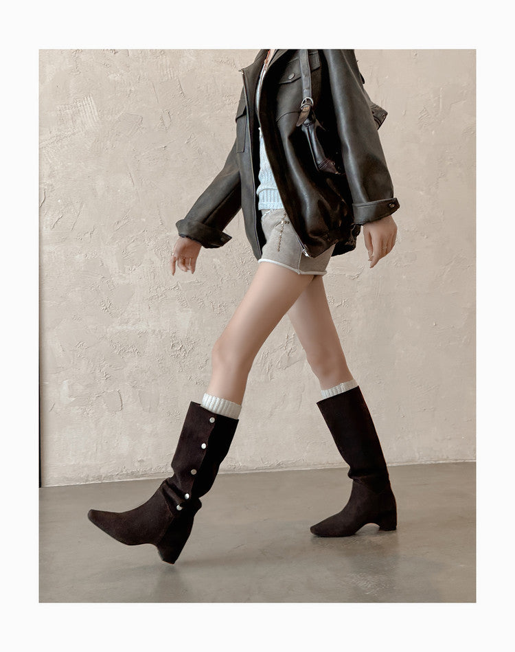 Karin Luna Bestseller Hot-Selling Hidden Buckle Lazy Style Square-Toe Height-Increasing Suede Western Boots
