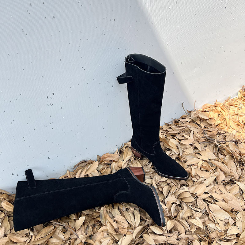 Karin Luna In Stock Spot Goods Retro Cowhide Leather Chunky Heel Suede Long Boots