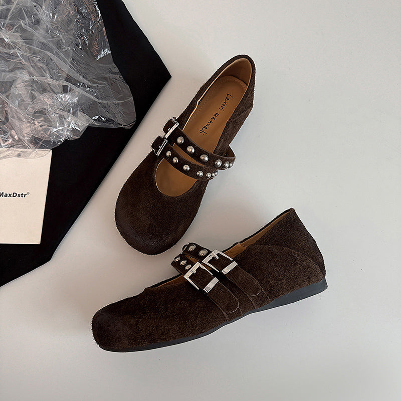 Karin Luna Hot Item Hot Item Punk Style One-Strap Round-Toe Suede Leather Height-Increasing Flats