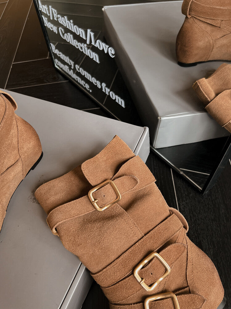 Karin Luna Cow Leather Small Square Toe Belt Buckle Fashion Boots