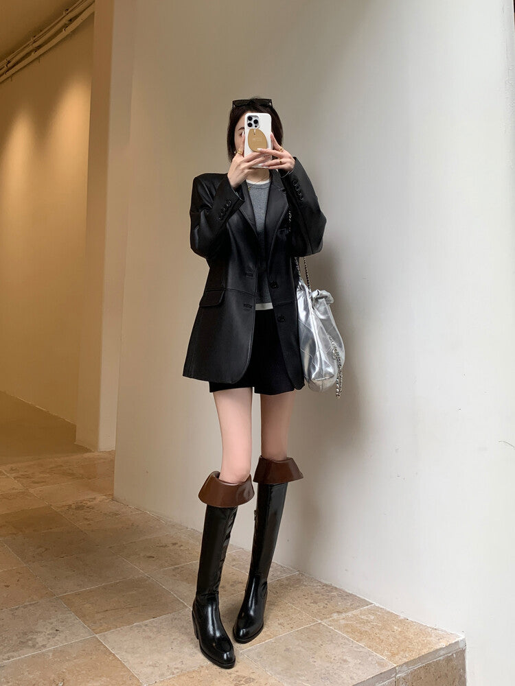 Karin Luna exploded  Three versions exploded Single Fleece Lining Fur Collar Version  Thick Fur Collar Foldable Hot-Selling Full Cowhide Pointed Toe Chunky Heel Classic Style