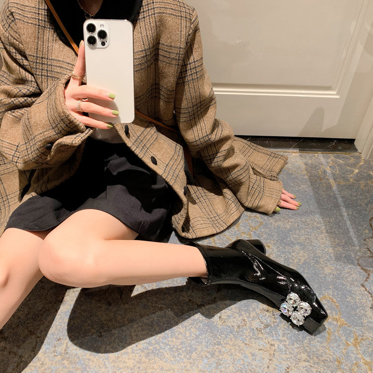 Karin Luna In Stock  Elegant Style Square Toe Rhinestone Chunky Heel Ankle Boots