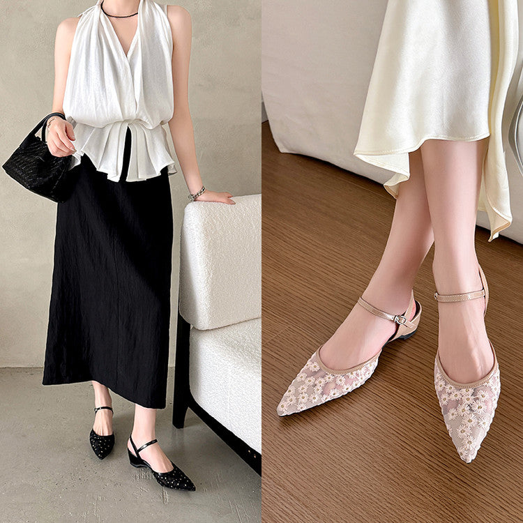 Karin Luna In Stock Spot Goods Embroidered Daisy Sheepskin Mesh Elegant Closed-Toe Slippers