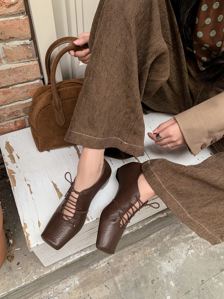 Karin Luna In Stock Spot Goods Elephant Pattern Series~Square-Toed Old Money Style Internal Height-Increasing Flats