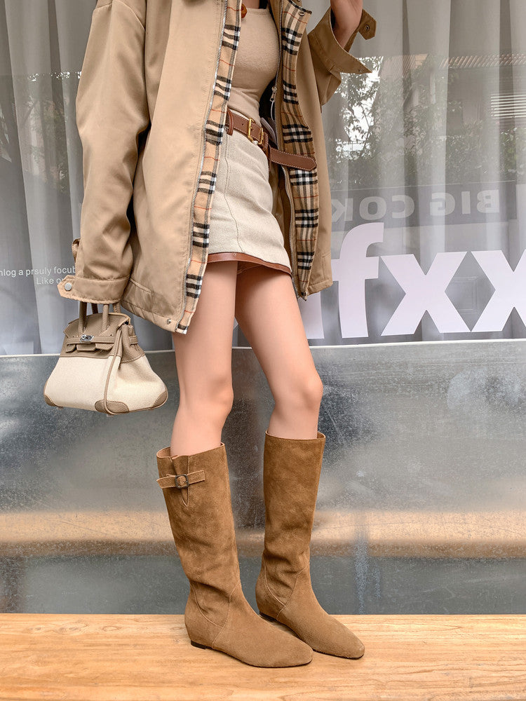 Karin Luna In Stock Spot Goods Vintage Cowhide Leather Chunky Heel Height Increasing Long Boots