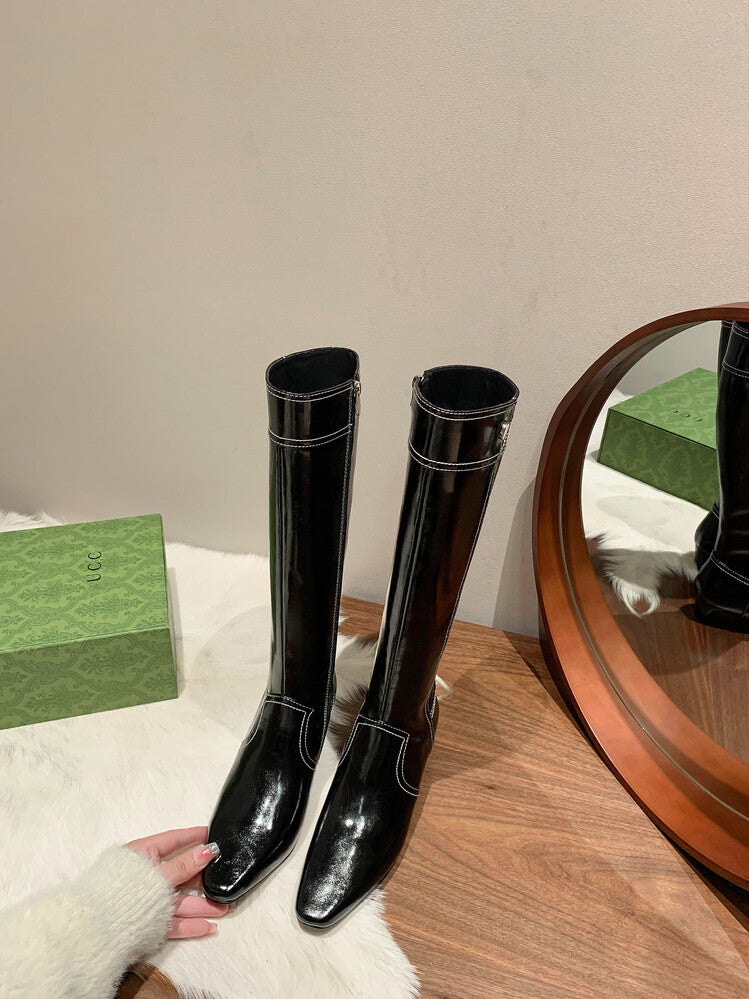 Karin Luna In Stock Spot Goods  Vintage Open Stitch Small Square Toe High Heel Side Zipper Riding Boots