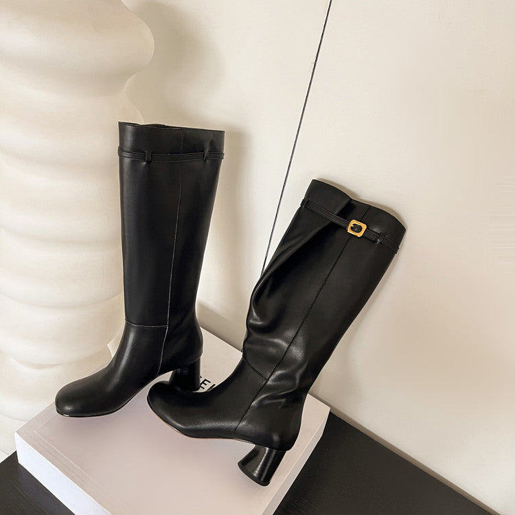 Karin Luna In Stock In Stock Mango Head Large Tube Belt Buckle Chunky Heel Long Boots