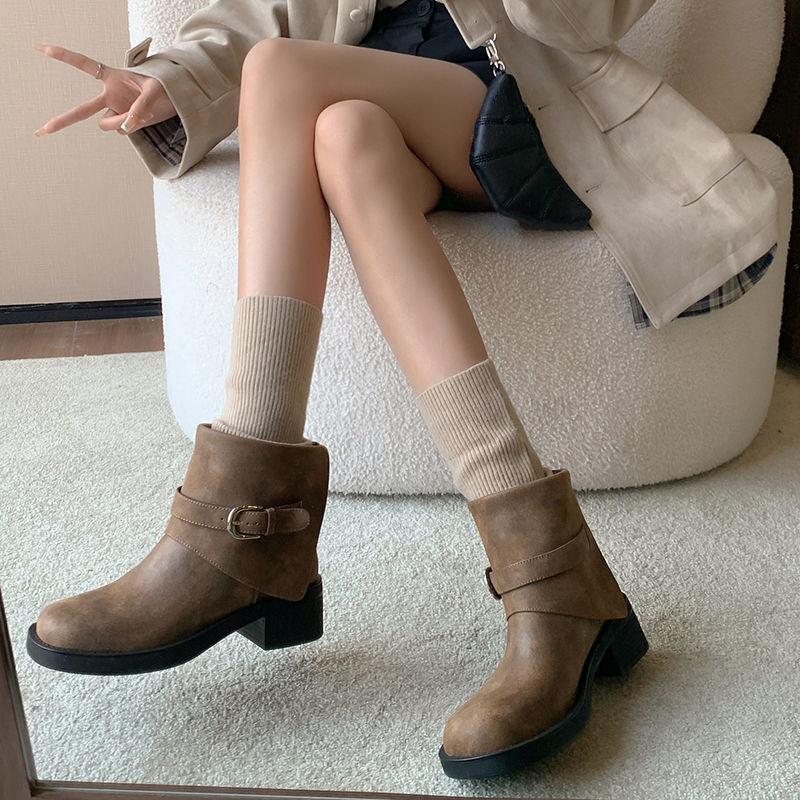 Karin Luna In Stock Spot Goods Versatile Basic Round Toe Belt Buckle Thick Sole Tube Boots