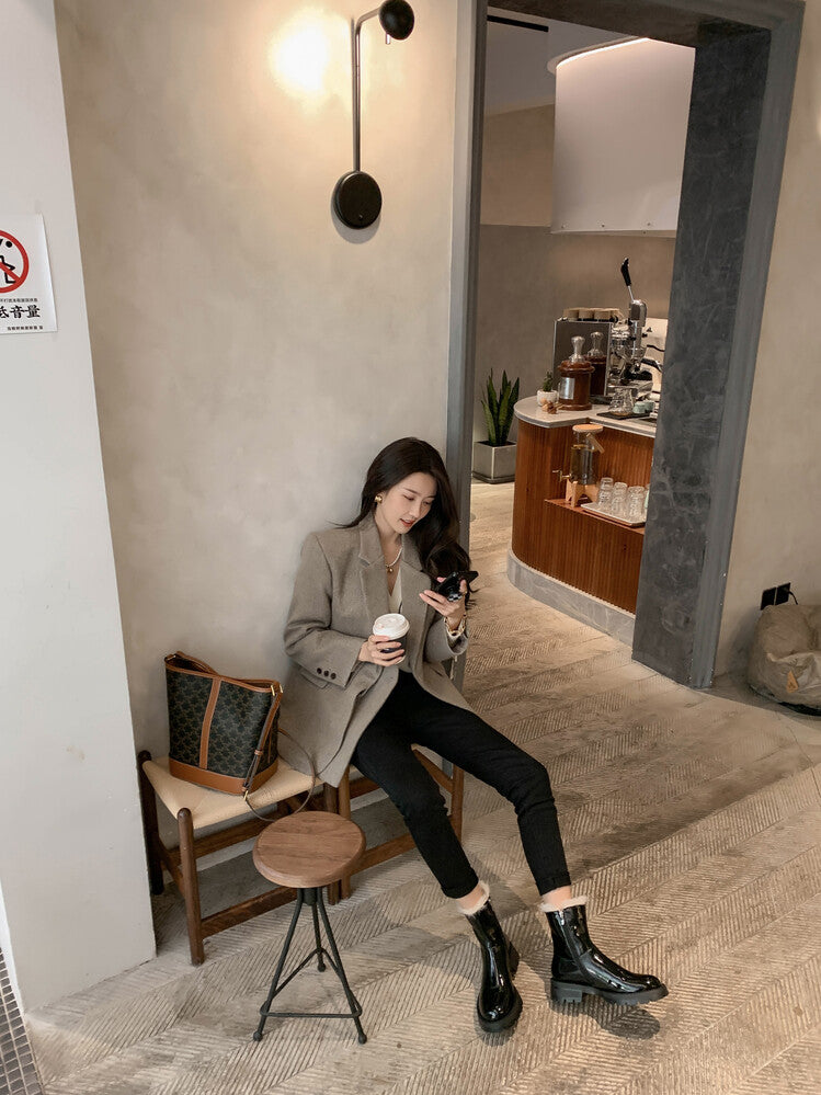 Karin Luna In Stock  Best-selling in stock Thickened Fleece Cow Patent Leather Hot-Selling Flat Short Boots