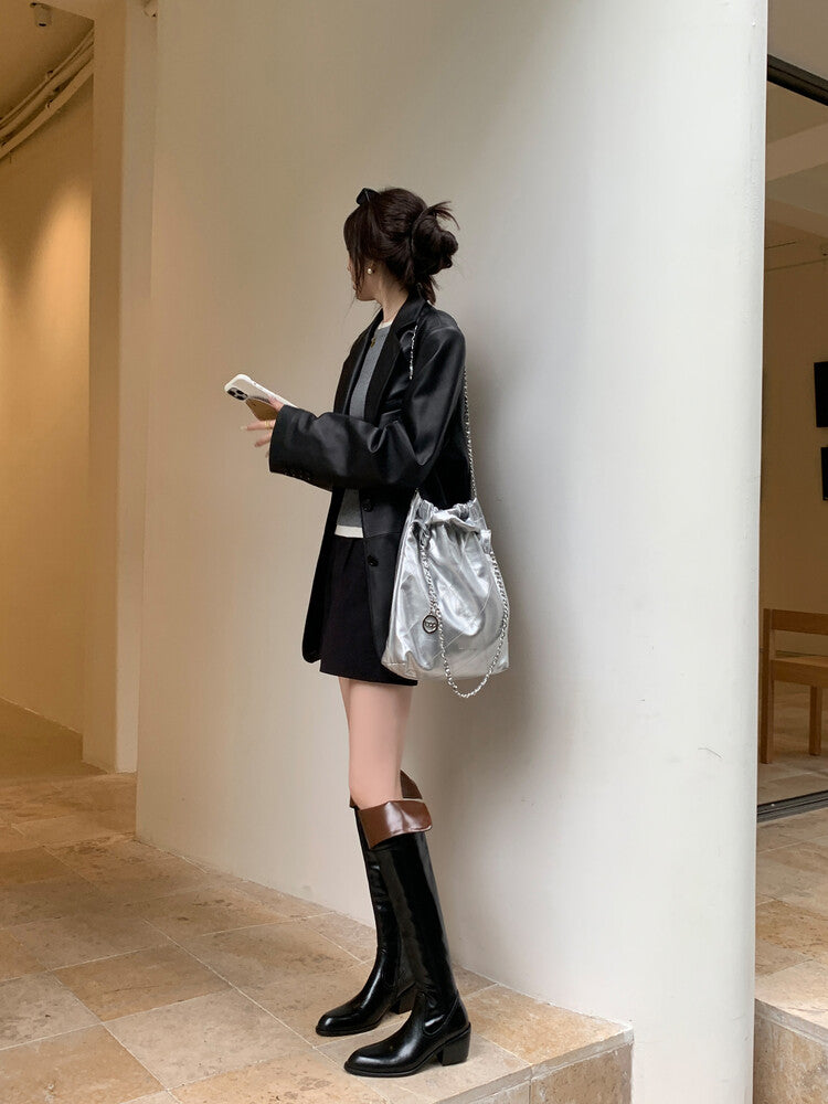Karin Luna exploded  Three versions exploded Single Fleece Lining Fur Collar Version  Thick Fur Collar Foldable Hot-Selling Full Cowhide Pointed Toe Chunky Heel Classic Style