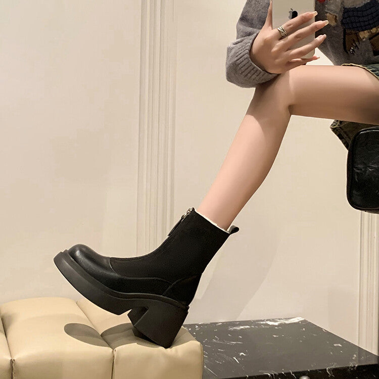 Karin Luna Basic Bestseller Timeless Thick Fur Lined Round Toe Thick Sole Cowhide Snow Boots
