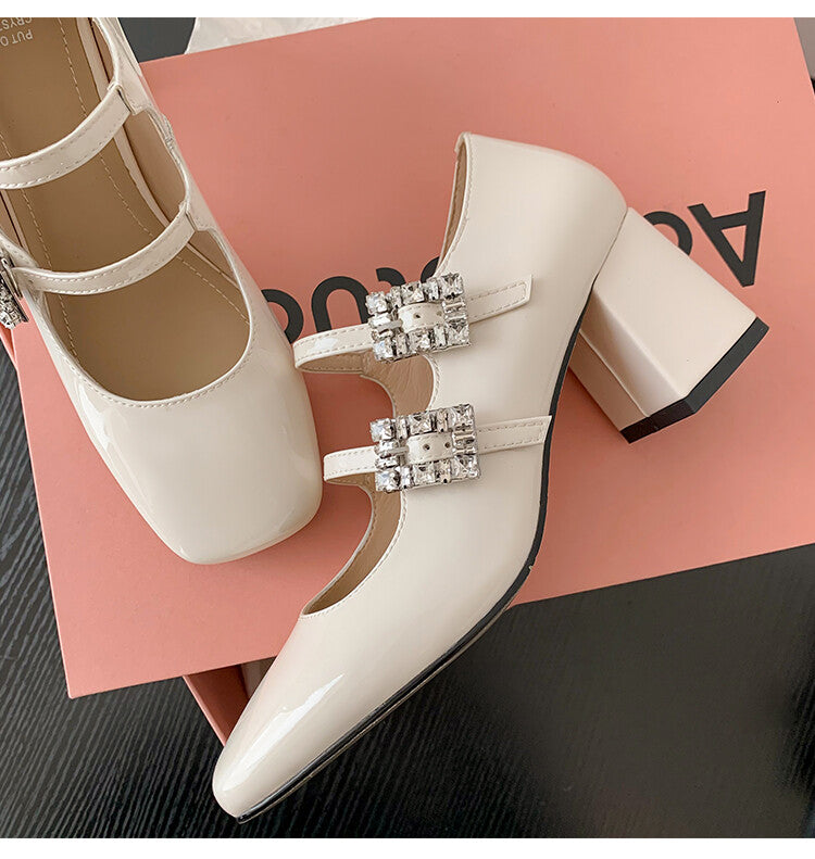Karin Luna In Stock In stock   The heroine Ao~Square Toe High Heel One Strap Popular Rhinestone Mary Jane Shoes