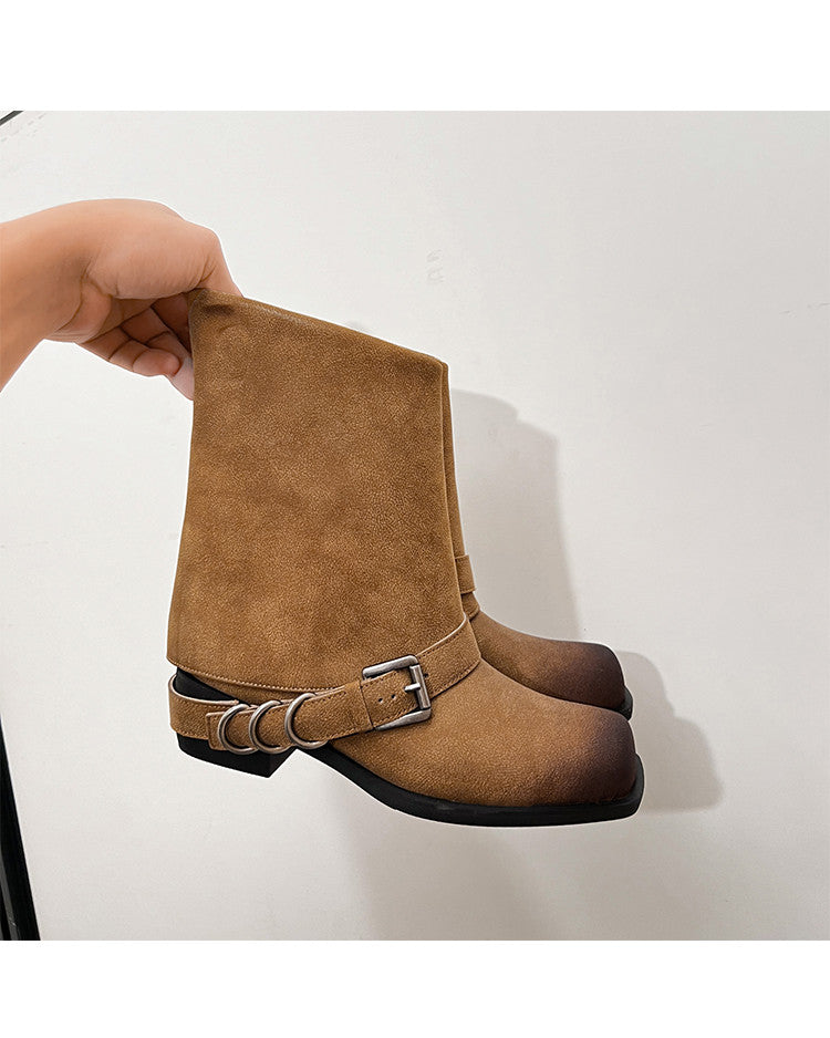Karin Luna Elegant Style Square Toe Belt Buckle Pants Boot Short Boots