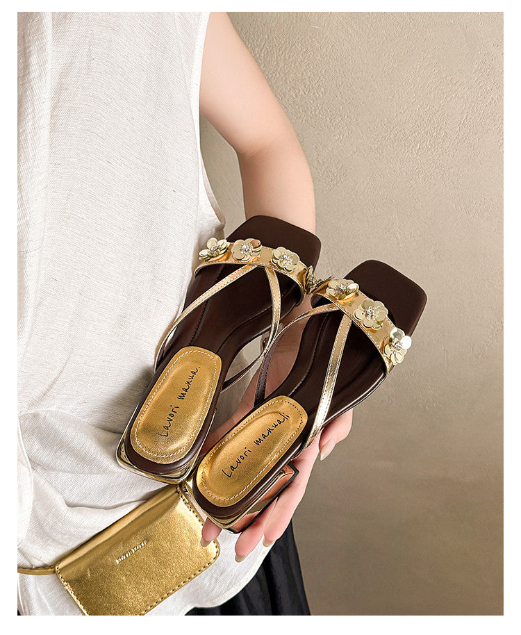 Karin Luna In Stock Spot Goods  One-Strap Sequin Floral Square-Toe Flat Slippers