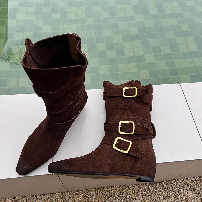 Karin Luna Height-Increasing Suede Leather Small Square Toe Belt Buckle Fashion Boots