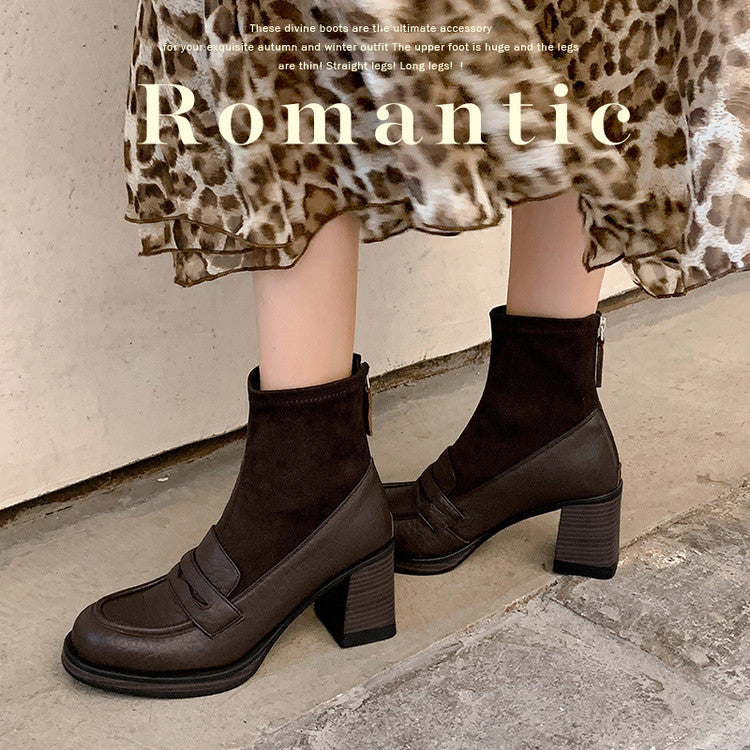 Karin Luna Hot-Selling Element Round Toe Elephant Pattern Elastic Thick Heel Short Boots
