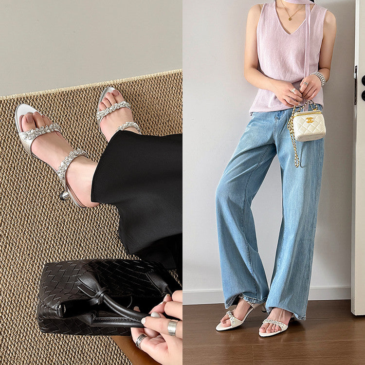 Karin Luna Exquisite Round Toe One-Strap Rhinestone Thin Heel Slippers
