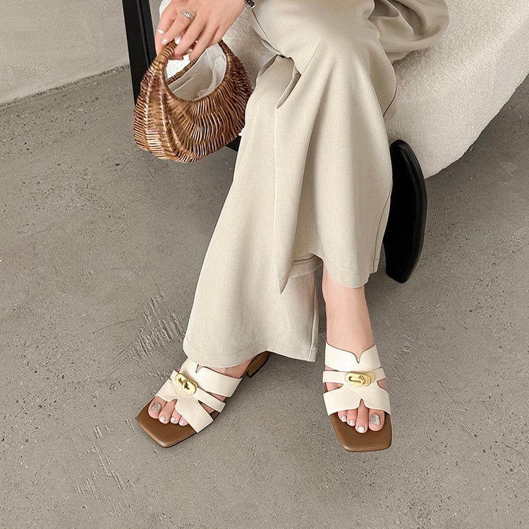 Karin Luna Comfortable Gold Buckle Square Toe Chunky Heel Casual Style Slippers