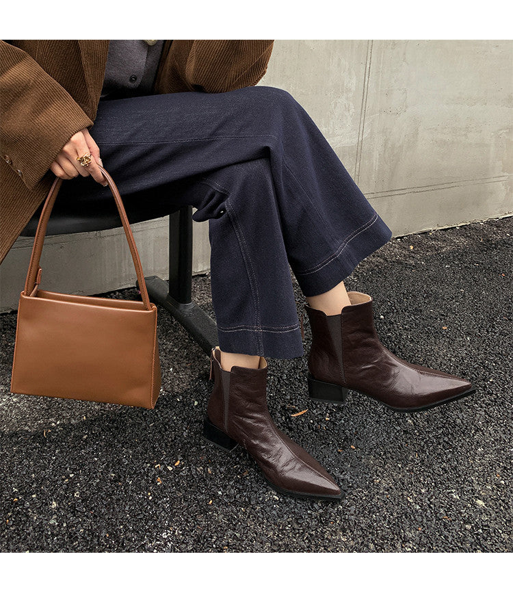 Karin Luna In Stock Spot Goods Elegant Stretch Fabric Patchwork Pointed Toe Chunky Heel Short Boots