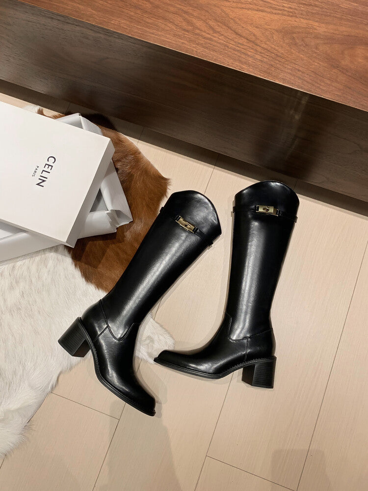 Karin Luna Hot-Selling Fasteners Sold as soon as listed Comes with data plan included Pointed Toe Chunky Heel Classic Full Cowhide Leather Riding Boots