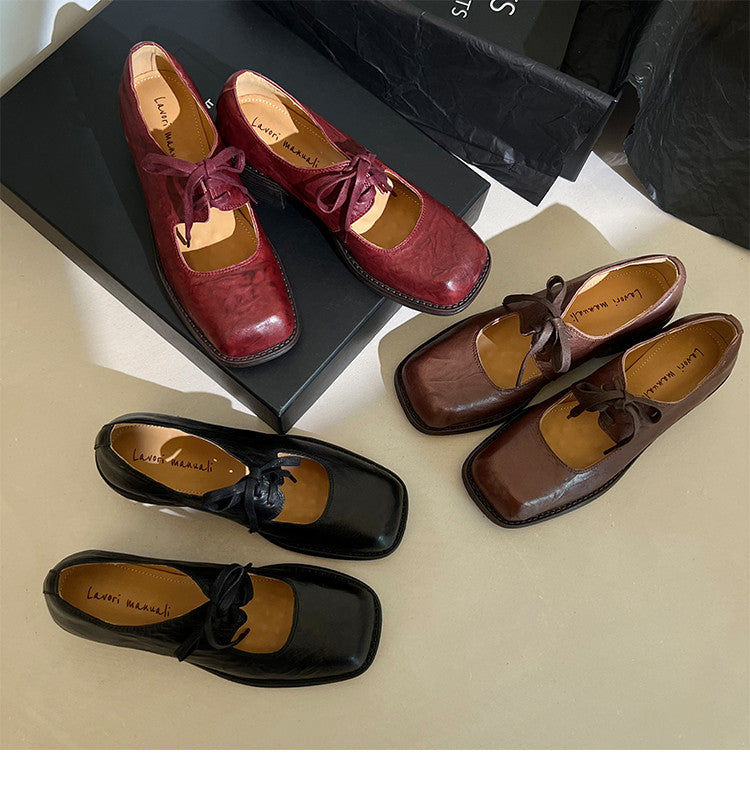 Karin Luna In Stock Spot Goods   Full leather inside and out Vegetable Tanned Hand-Grabbed Sheepskin Square-Toed Chunky Heel Single Shoes