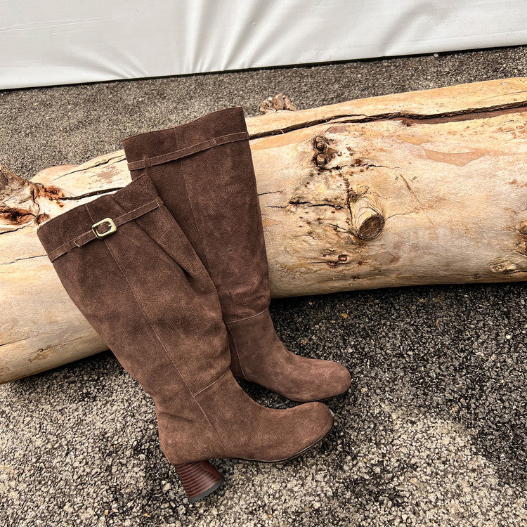 Karin Luna In Stock In Stock Mango Head Large Tube Belt Buckle Chunky Heel Long Boots