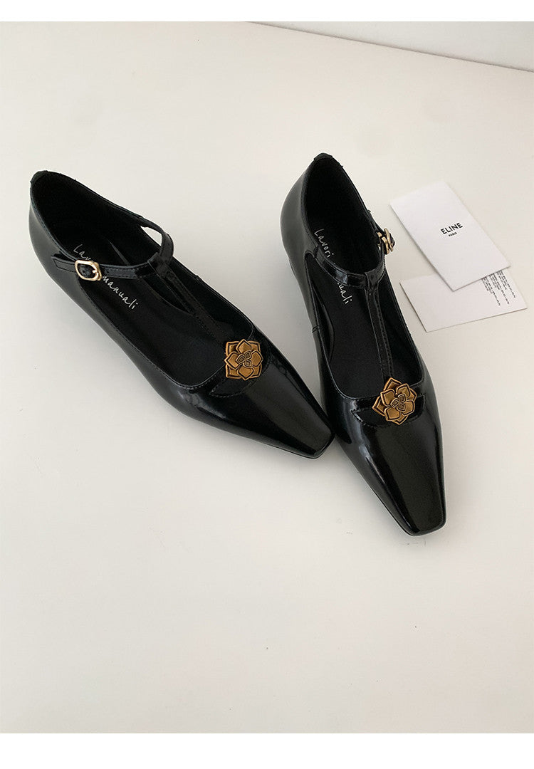 Karin Luna In Stock Spot Goods    Retro Classic Metal Camellia Irregular Heel Single Shoes