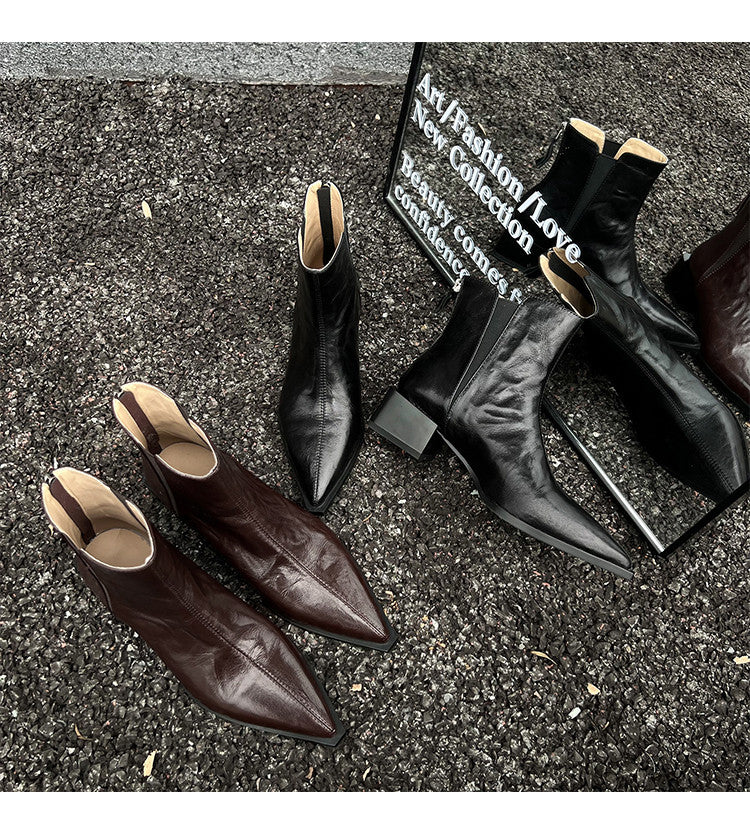 Karin Luna In Stock Spot Goods Elegant Stretch Fabric Patchwork Pointed Toe Chunky Heel Short Boots