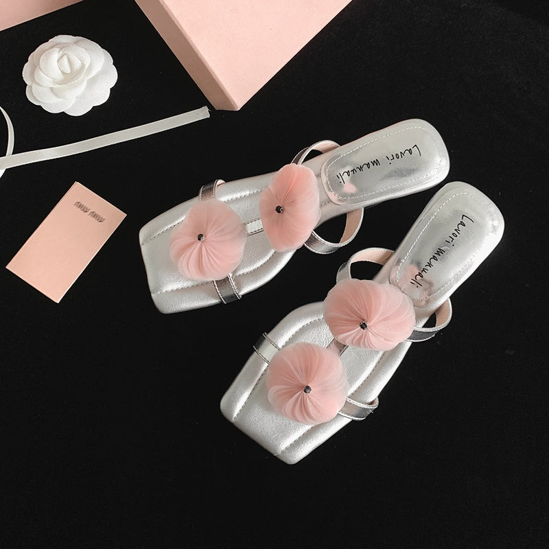 Karin Luna Hot-Selling Floral Square Toe Irregular Heel Floral Slippers
