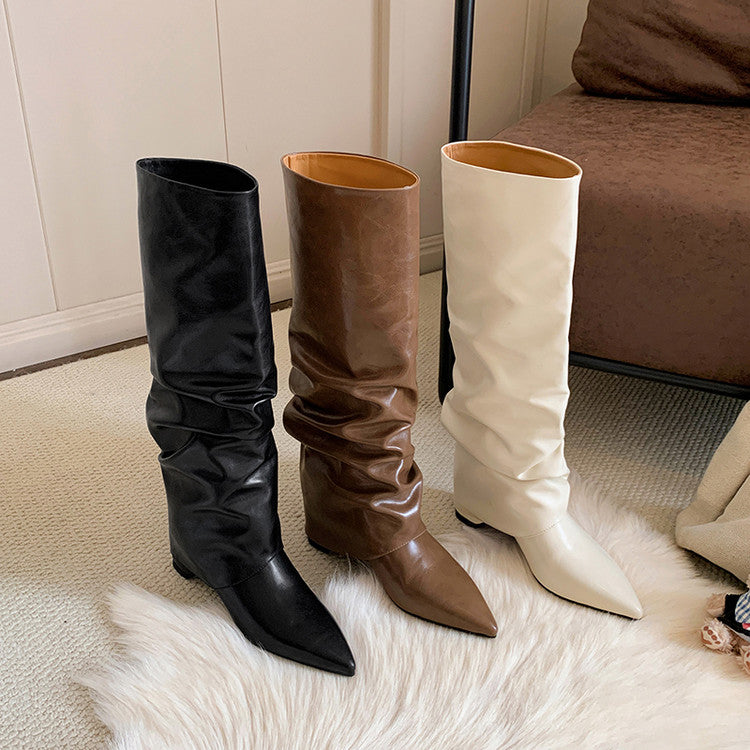 Karin Luna Elegant Style Pointed Toe Hidden Wedge Long Boots