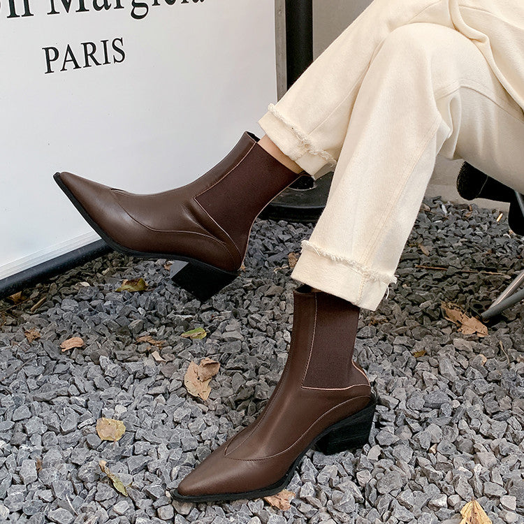 Karin Luna In Stock Spot Goods   Elegant Pointed Toe Chunky Heel Ankle Boots