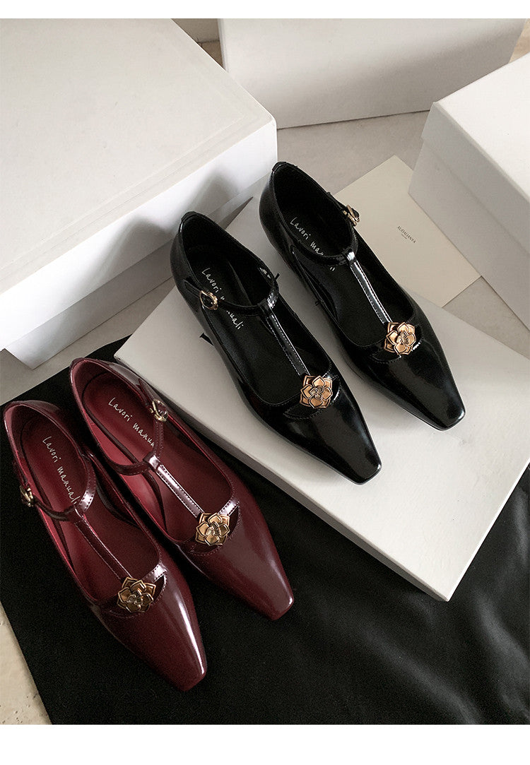 Karin Luna In Stock Spot Goods    Retro Classic Metal Camellia Irregular Heel Single Shoes