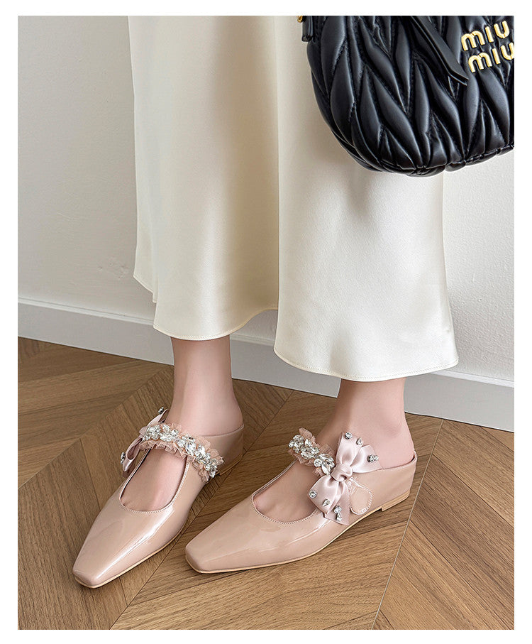 Karin Luna Handmade One-Strap Rhinestone Ribbon Square-Toe Mules